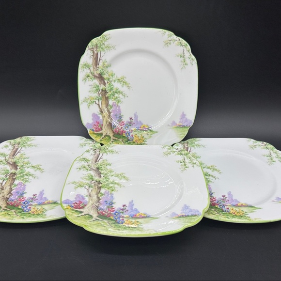 Royal Albert Greenwood Tree 6" Square Dessert Plates(4) Green Trim - Picture 2 of 5